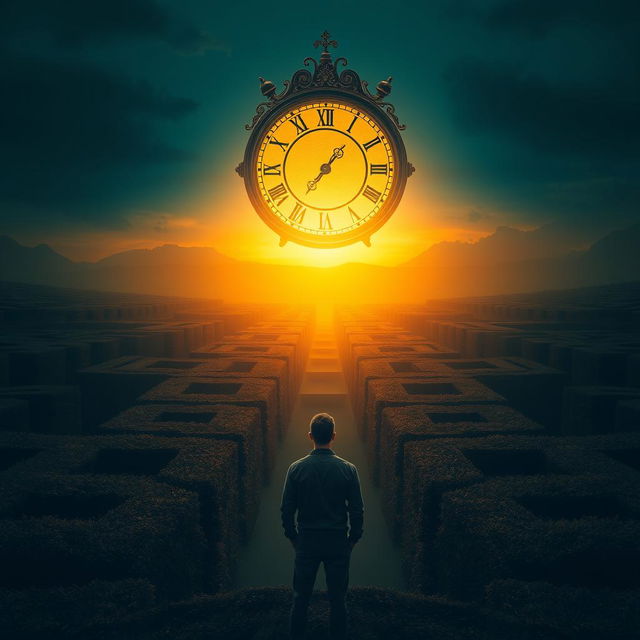 A man standing in front of a sprawling and intricate maze, with a magnificent, large clock replacing the sun in the sky, just above the horizon