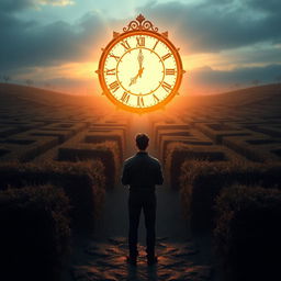 A man standing in front of a sprawling and intricate maze, with a magnificent, large clock replacing the sun in the sky, just above the horizon