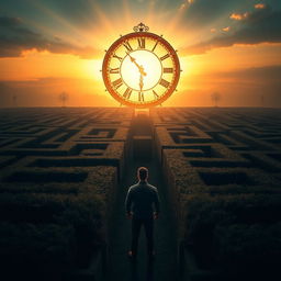 A man standing in front of a sprawling and intricate maze, with a magnificent, large clock replacing the sun in the sky, just above the horizon