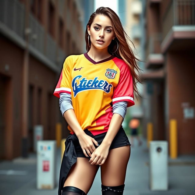 A stylish young woman wearing a sporty jersey paired with fashionable stockings, confidently posing in a dynamic urban setting