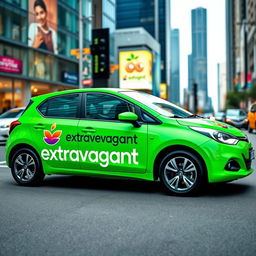A vibrant green car beautifully decorated with the bold logo and name of the company 'extravagantexemplo'
