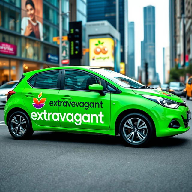 A vibrant green car beautifully decorated with the bold logo and name of the company 'extravagantexemplo'