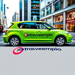 A vibrant green car beautifully decorated with the bold logo and name of the company 'extravagantexemplo'