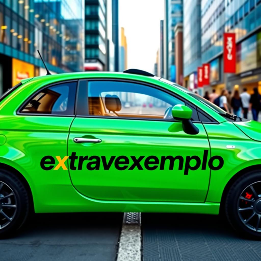 A vibrant green car beautifully decorated with the bold logo and name of the company 'extravagantexemplo'