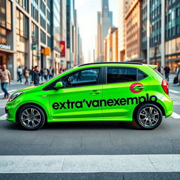 A vibrant green car beautifully decorated with the bold logo and name of the company 'extravagantexemplo'