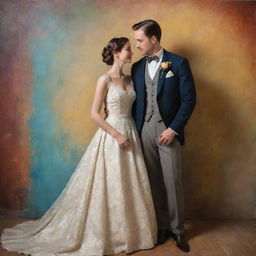 A newlywed couple in vintage attire, captured in a tender pose against a beautifully textured backdrop, all rendered with the refined brush strokes, bold colors, and luminosity typical of classic oil paintings.