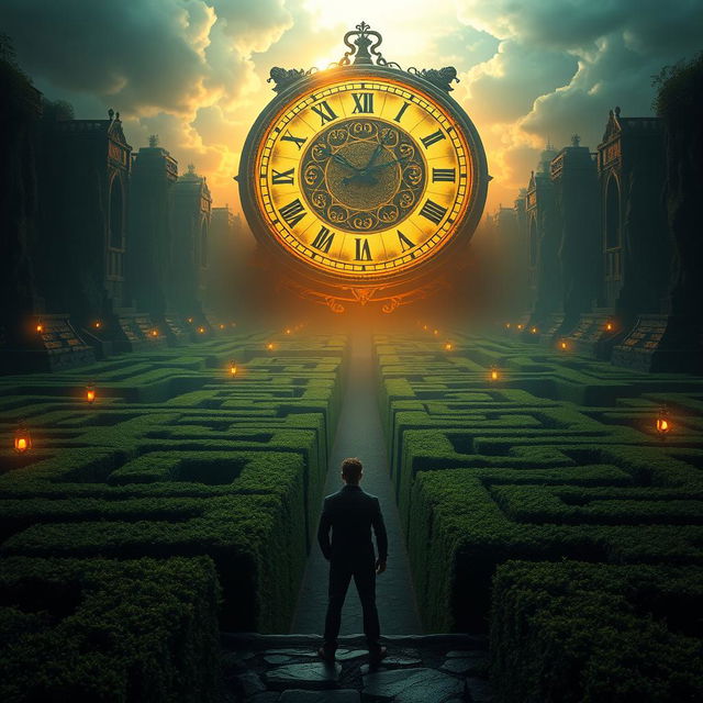 A man standing before a sprawling, intricate maze, with a grand, oversized clock positioned prominently in the sky, replacing the sun at sunrise