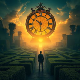 A man standing before a sprawling, intricate maze, with a grand, oversized clock positioned prominently in the sky, replacing the sun at sunrise
