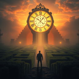 A man standing before a sprawling, intricate maze, with a grand, oversized clock positioned prominently in the sky, replacing the sun at sunrise