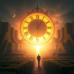A man standing before a sprawling, intricate maze, with a grand, oversized clock positioned prominently in the sky, replacing the sun at sunrise