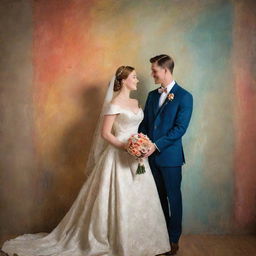 A newlywed couple in vintage attire, captured in a tender pose against a beautifully textured backdrop, all rendered with the refined brush strokes, bold colors, and luminosity typical of classic oil paintings.