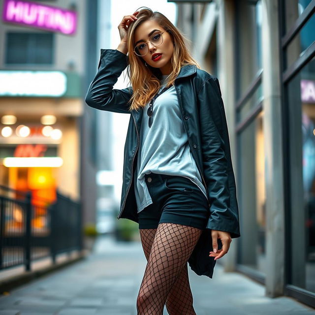 A fashionable young woman dressed in stylish attire, prominently featuring eye-catching pantyhose