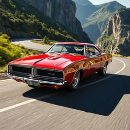 An innovative fusion of a Dodge Charger in Barracuda red mixed with the classic Opala, highlighting the muscular features of the Charger combined with the stylish curves of the Opala