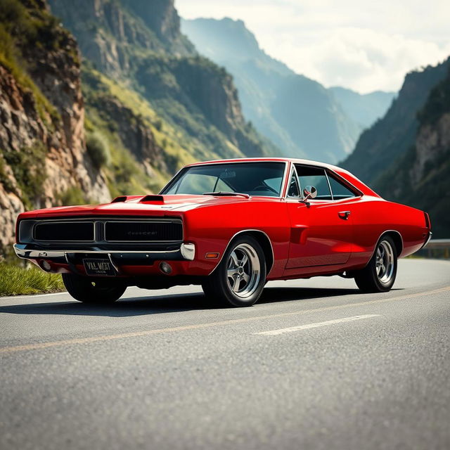 An innovative fusion of a Dodge Charger in Barracuda red mixed with the classic Opala, highlighting the muscular features of the Charger combined with the stylish curves of the Opala