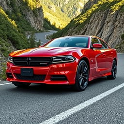 An innovative fusion of a Dodge Charger in Barracuda red mixed with the classic Opala, highlighting the muscular features of the Charger combined with the stylish curves of the Opala