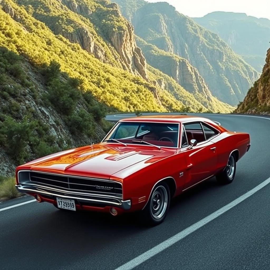 An innovative fusion of a Dodge Charger in Barracuda red mixed with the classic Opala, highlighting the muscular features of the Charger combined with the stylish curves of the Opala