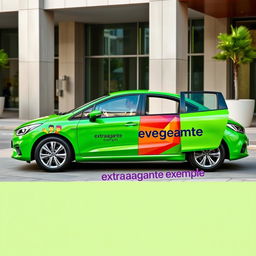 A striking green car adorned with the vibrant logo and name of the company 'extravagante exemplo'