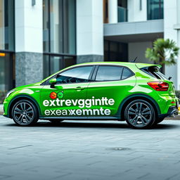 A striking green car adorned with the vibrant logo and name of the company 'extravagante exemplo'