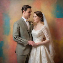 A newlywed couple in vintage attire, captured in a tender pose against a beautifully textured backdrop, all rendered with the refined brush strokes, bold colors, and luminosity typical of classic oil paintings.