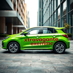 A striking green car adorned with the vibrant logo and name of the company 'extravagante exemplo'