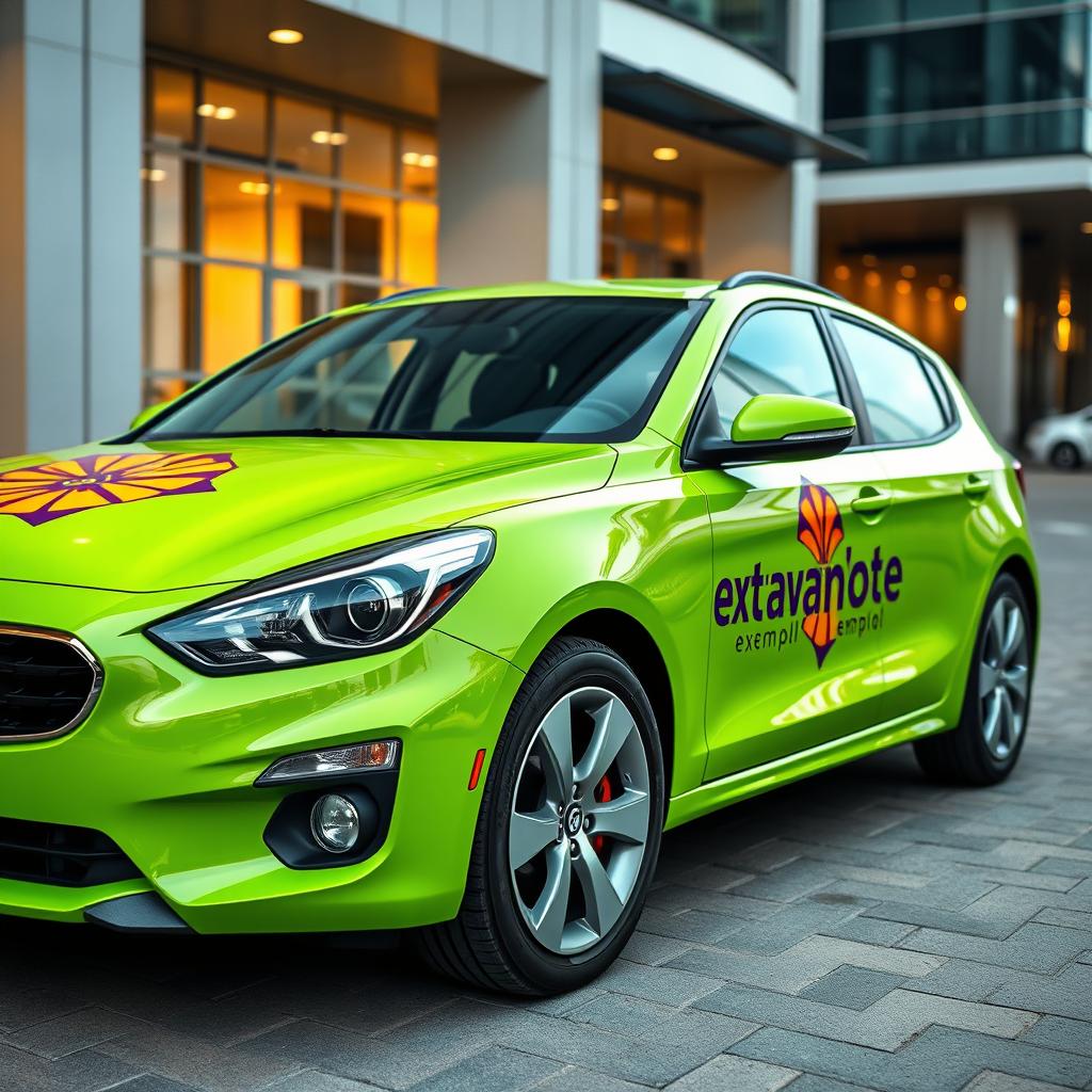 A striking green car adorned with the vibrant logo and name of the company 'extravagante exemplo'