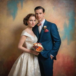 A newlywed couple in vintage attire, captured in a tender pose against a beautifully textured backdrop, all rendered with the refined brush strokes, bold colors, and luminosity typical of classic oil paintings.