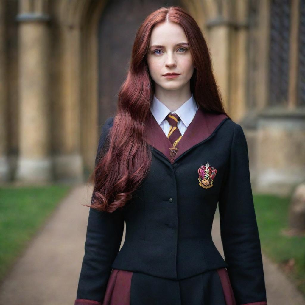 A captivating image of a 28-year-old, short-statured lady with vampire-like pale skin and long, dark crimson, blood-red hair. She's attired in the timeless Hogwarts uniform from Harry Potter, radiating an aura of arcane wisdom.