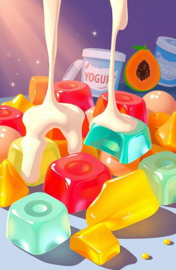 A vibrant and colorful illustration depicting the secret of deliciousness through the influence of yogurt and papaya on jelly candy