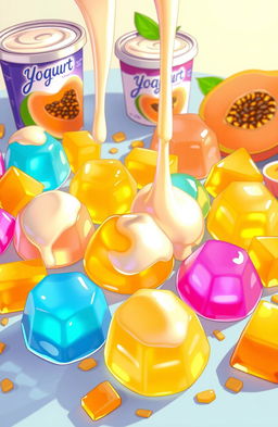 A vibrant and colorful illustration depicting the secret of deliciousness through the influence of yogurt and papaya on jelly candy