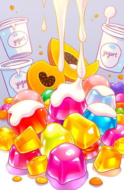 A vibrant and colorful illustration depicting the secret of deliciousness through the influence of yogurt and papaya on jelly candy