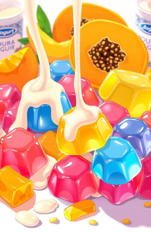 A vibrant and colorful illustration depicting the secret of deliciousness through the influence of yogurt and papaya on jelly candy