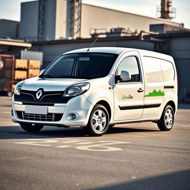 A Renault van decorated in vibrant green color, featuring the text 'Exemplo Extravagante' in stylish font