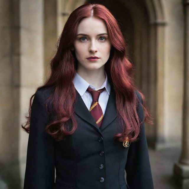 A captivating image of a 28-year-old, short-statured lady with vampire-like pale skin and long, dark crimson, blood-red hair. She's attired in the timeless Hogwarts uniform from Harry Potter, radiating an aura of arcane wisdom.