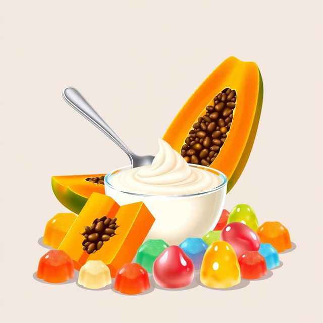 An enticing illustration featuring yogurt, papaya, and jelly candy