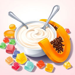 An enticing illustration featuring yogurt, papaya, and jelly candy