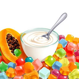 An enticing illustration featuring yogurt, papaya, and jelly candy