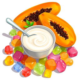 An enticing illustration featuring yogurt, papaya, and jelly candy