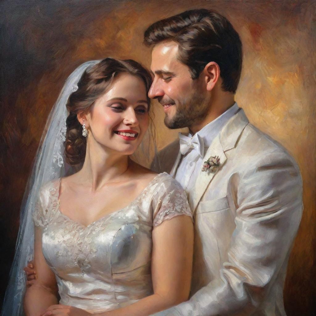 A newly married couple in classic clothing, posed lovingly, their joy and love captured through rich textures, depth of colours, and shimmering light typical of a classical oil painting.