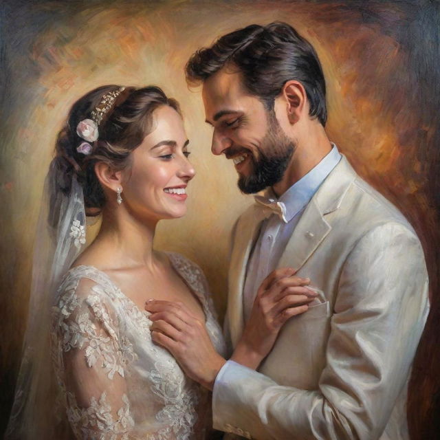 A newly married couple in classic clothing, posed lovingly, their joy and love captured through rich textures, depth of colours, and shimmering light typical of a classical oil painting.