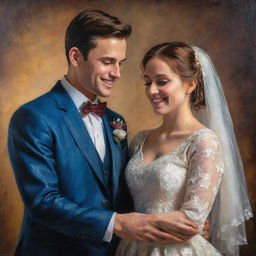 A newly married couple in classic clothing, posed lovingly, their joy and love captured through rich textures, depth of colours, and shimmering light typical of a classical oil painting.