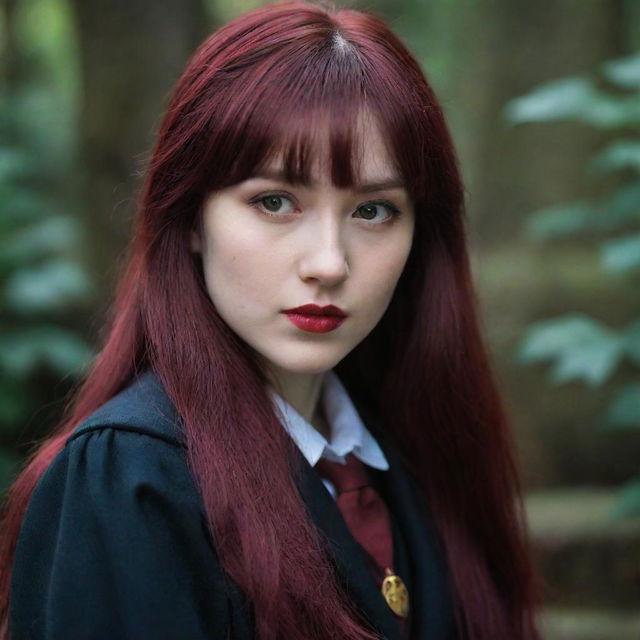 An enchanting image of a 28-year-old, petite Asian lady with vampire-like pale skin and long, dark crimson, blood-red hair with bangs. She's wearing the classic Hogwarts attire from Harry Potter, reflecting an exotic fusion of mystique and magical aura.