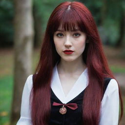 An enchanting image of a 28-year-old, petite Asian lady with vampire-like pale skin and long, dark crimson, blood-red hair with bangs. She's wearing the classic Hogwarts attire from Harry Potter, reflecting an exotic fusion of mystique and magical aura.