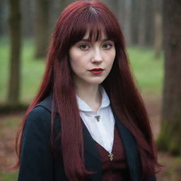 An enchanting image of a 28-year-old, petite Asian lady with vampire-like pale skin and long, dark crimson, blood-red hair with bangs. She's wearing the classic Hogwarts attire from Harry Potter, reflecting an exotic fusion of mystique and magical aura.