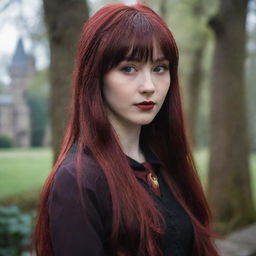 An enchanting image of a 28-year-old, petite Asian lady with vampire-like pale skin and long, dark crimson, blood-red hair with bangs. She's wearing the classic Hogwarts attire from Harry Potter, reflecting an exotic fusion of mystique and magical aura.