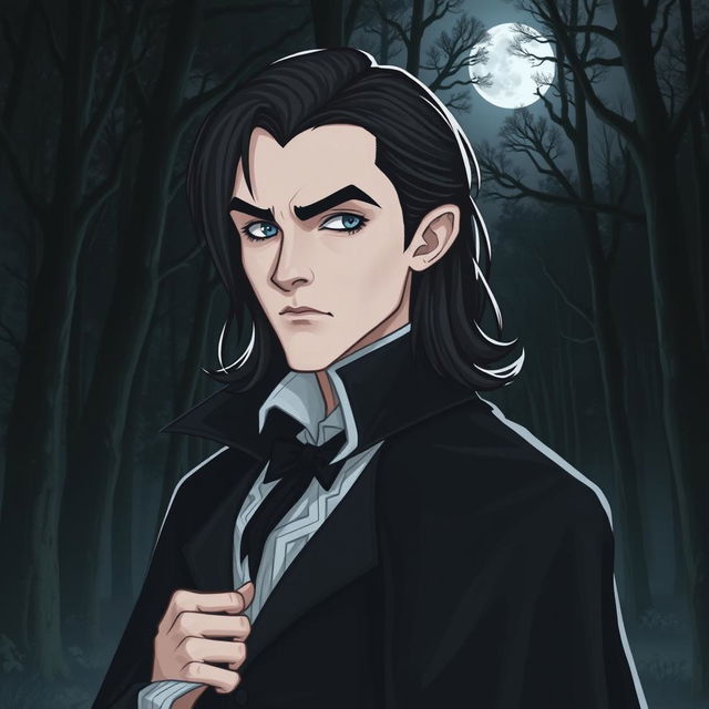 A vampire with medium-long black hair, gray eyes, and pale skin, standing confidently in front of a dark forest at night