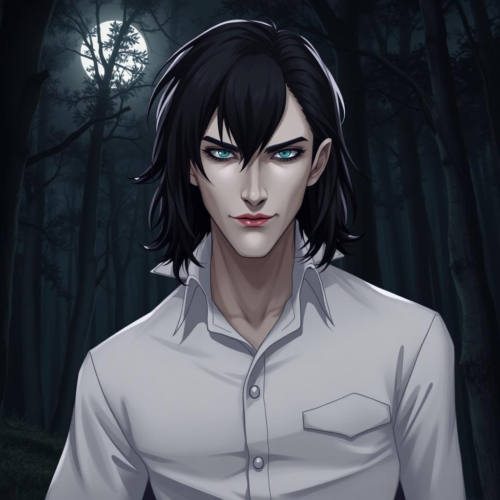 A vampire with medium-long black hair, gray eyes, and pale skin, standing confidently in front of a dark forest at night