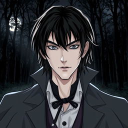 A vampire with medium-long black hair, gray eyes, and pale skin, standing confidently in front of a dark forest at night