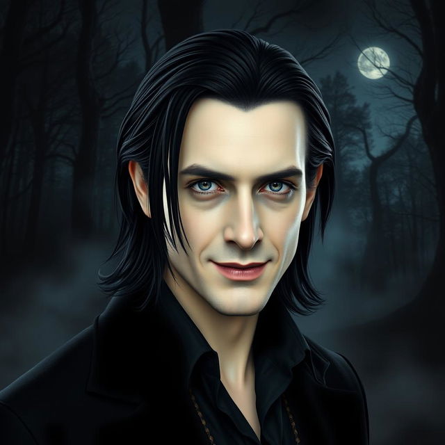 A realistic photograph of a vampire with medium-long black hair, gray eyes, and pale skin, depicted in a half-length portrait