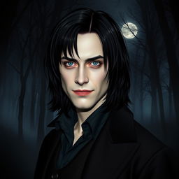 A realistic photograph of a vampire with medium-long black hair, gray eyes, and pale skin, depicted in a half-length portrait