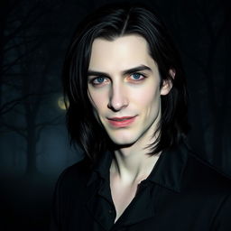 A realistic photograph of a vampire with medium-long black hair, gray eyes, and pale skin, depicted in a half-length portrait